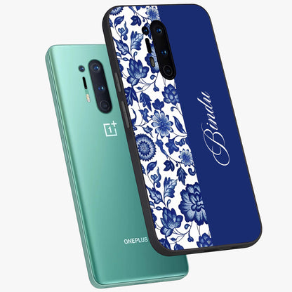 Blue Vintage Floral Pattern Glass Case displayed in angled mockup highlighting subtle bloom pattern with aesthetic pastel design.