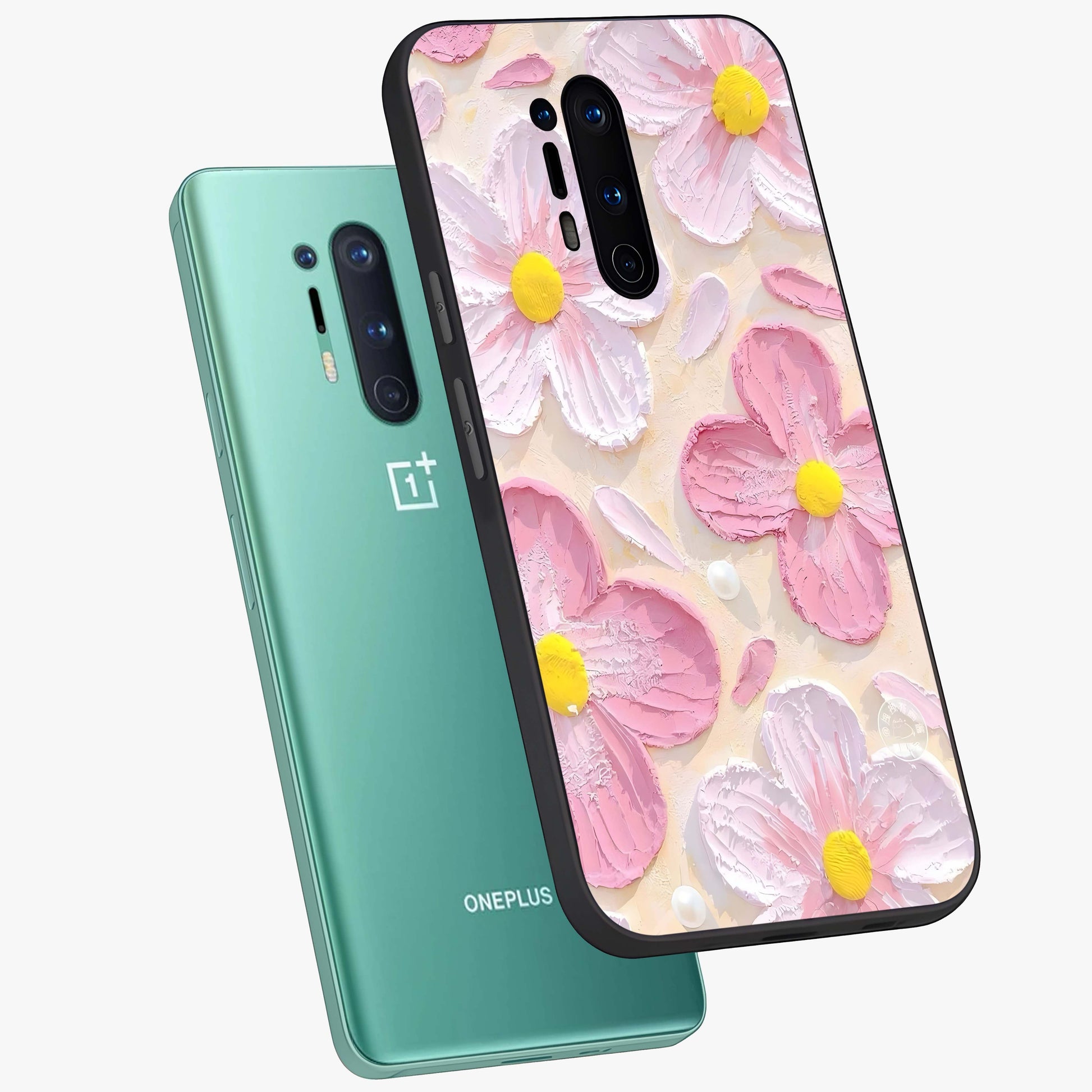 Blush Bloom Texture Glass Case displayed in angled mockup highlighting subtle bloom pattern with aesthetic pastel design.
