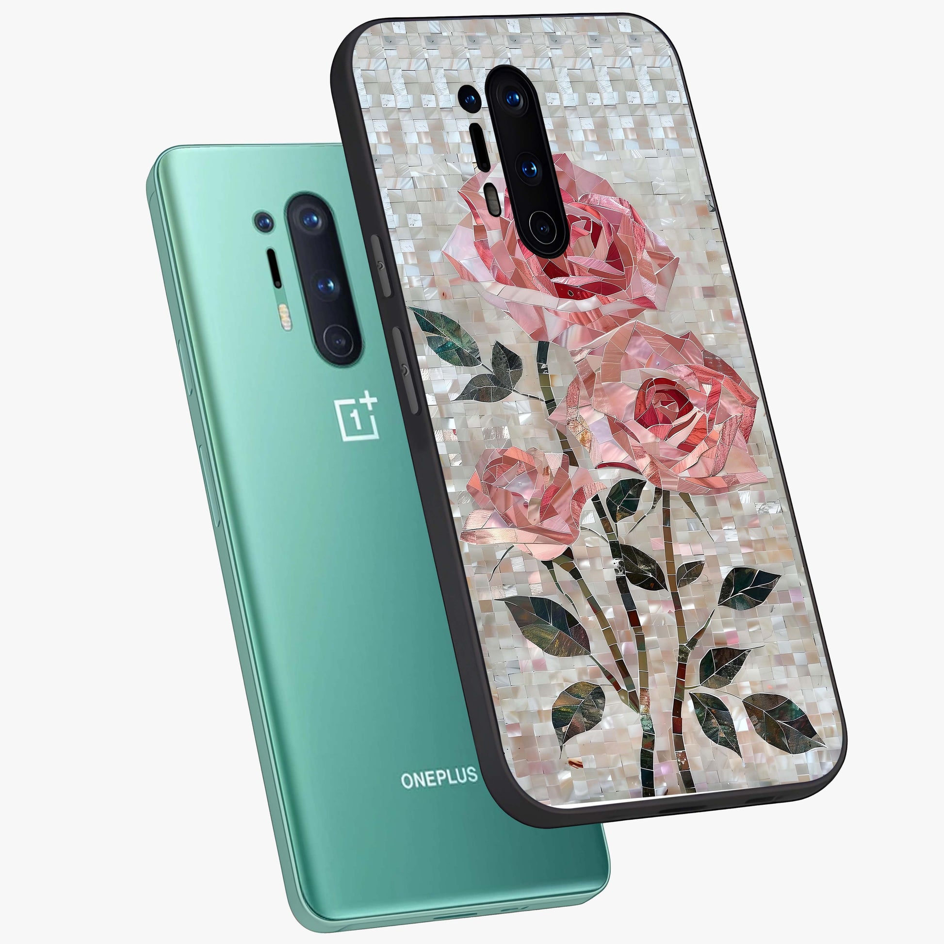 Blush Mosaic Bloom Glass Case displayed in angled mockup highlighting artistic mosaic flower pattern with aesthetic design.