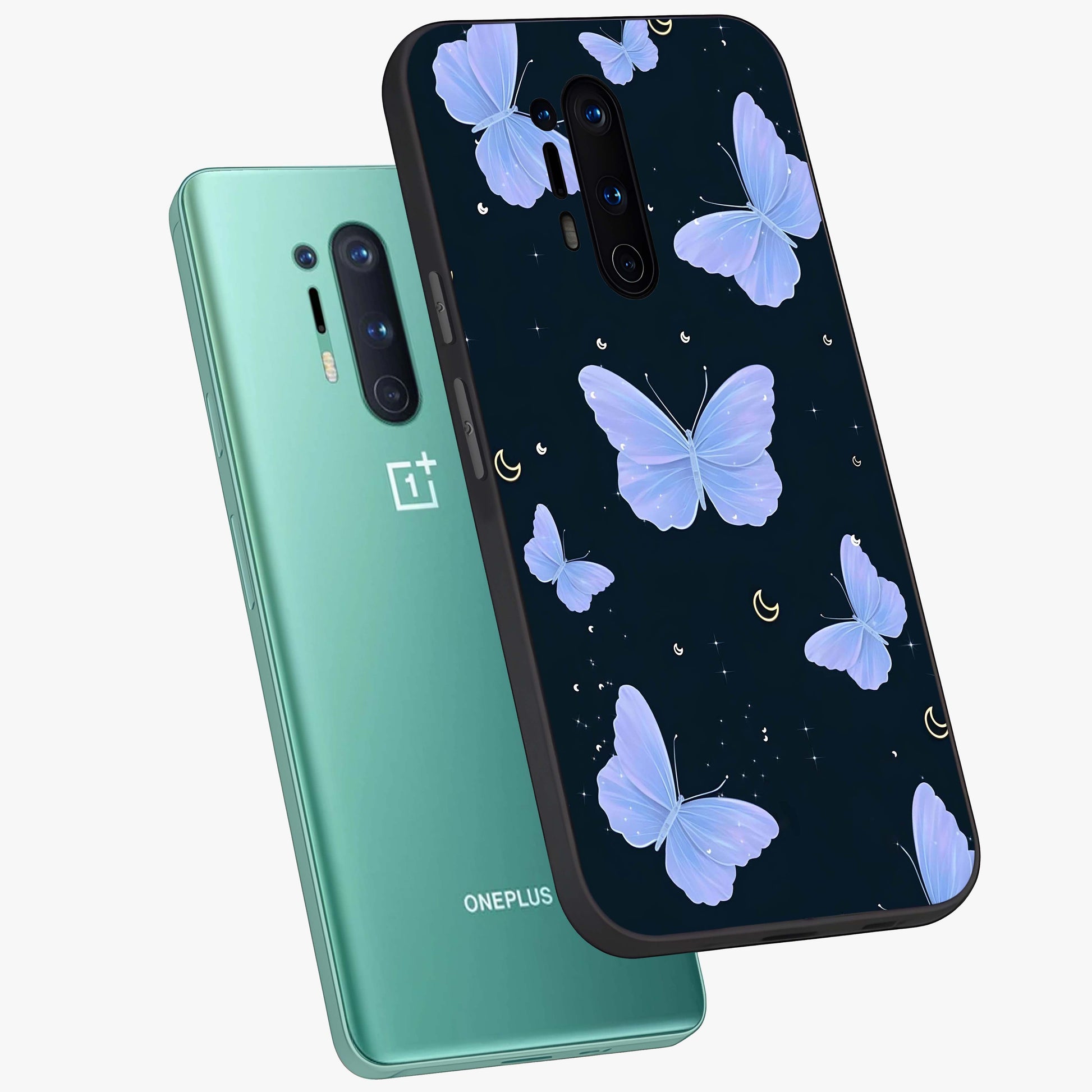 Butterfly With Stars Pattern Glass Case displayed in angled mockup highlighting dreamy butterfly and star design with aesthetic theme.
