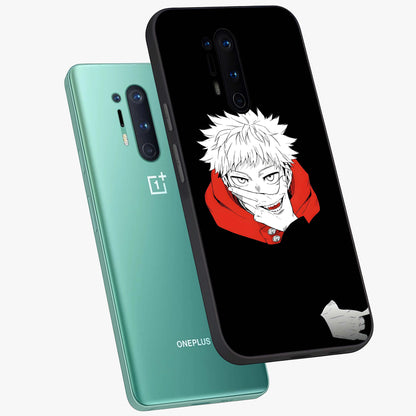 Crimson Chaos Smile Glass Case displayed in angled mockup highlighting edgy crimson smile design with graphic aesthetic.