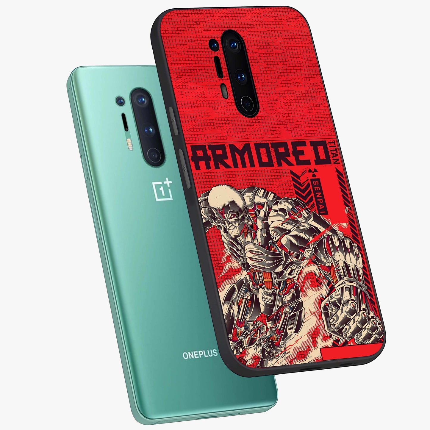 Crimson Mecha Titan Glass Case displayed in angled mockup highlighting futuristic mech illustration with bold crimson aesthetic.