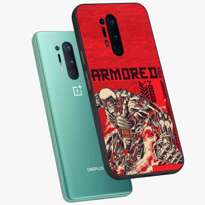 Crimson Mecha Titan Glass Case displayed in angled mockup highlighting futuristic mech illustration with bold crimson aesthetic.