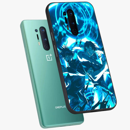 Cursed Energy Clash Glass Case displayed in angled mockup highlighting powerful battle inspired graphic with anime style aesthetic.