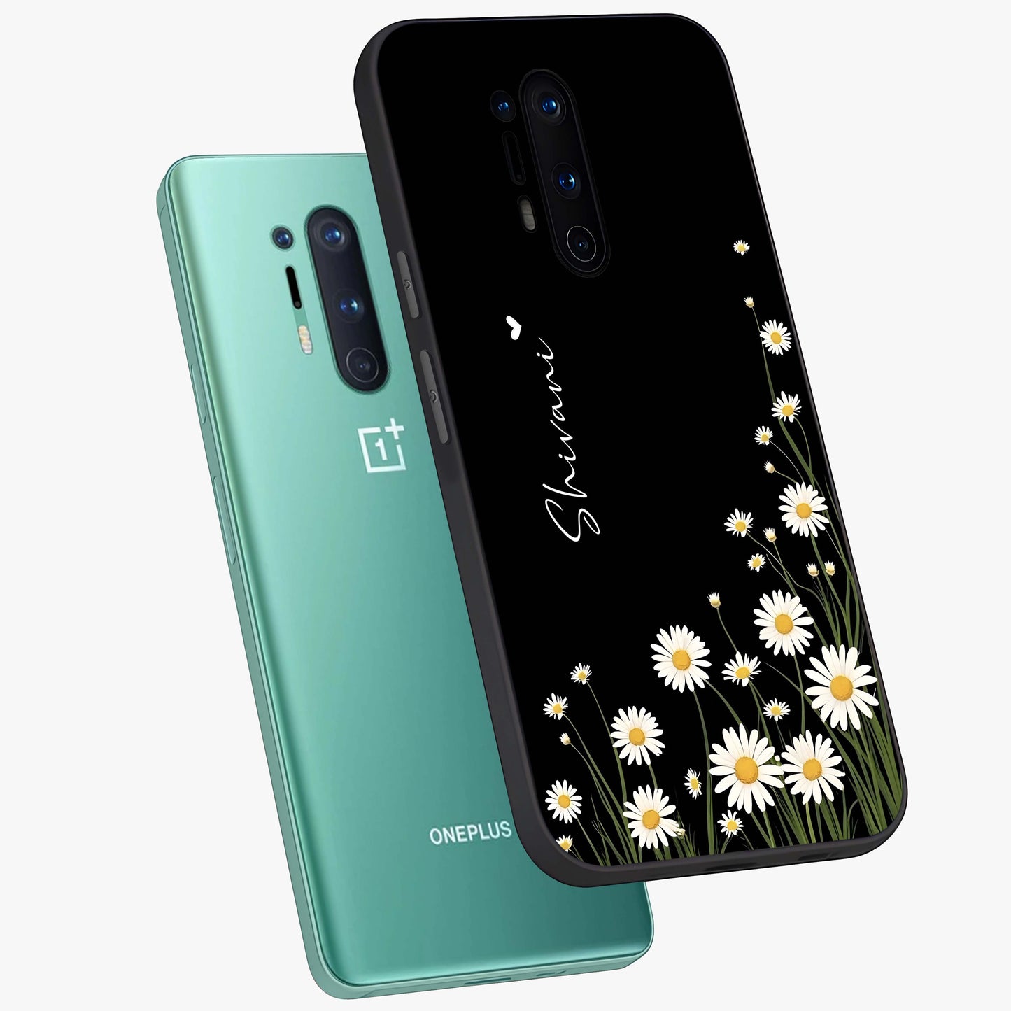 Daisy Cascade Custom Name Glass Case displayed in angled mockup highlighting delicate daisy artwork with custom name feature.