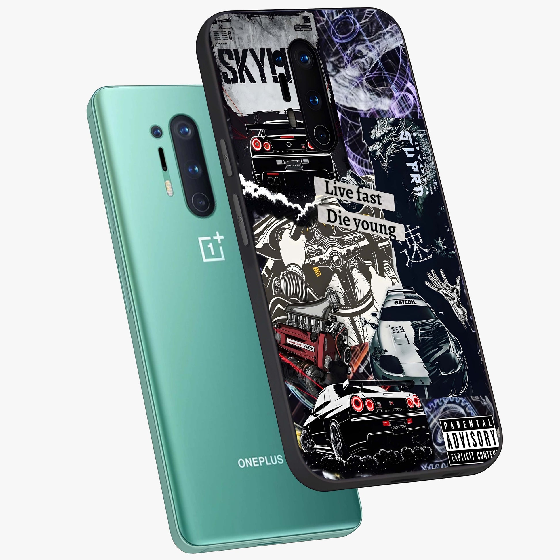 Die Young Glass Case displayed in angled mockup highlighting expressive graphic artwork with edgy aesthetic style.