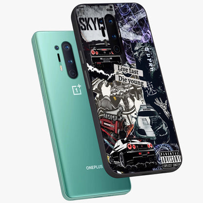 Die Young Glass Case displayed in angled mockup highlighting expressive graphic artwork with edgy aesthetic style.