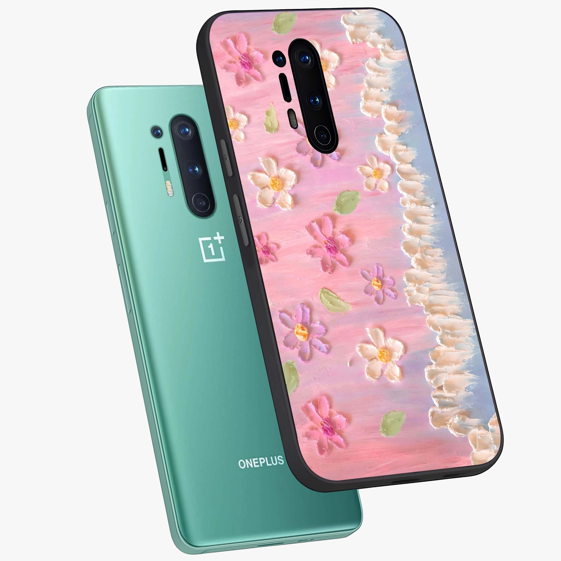 Dreamy Painted Garden Glass Case displayed in angled mockup highlighting colorful garden illustration with dreamy aesthetic style.