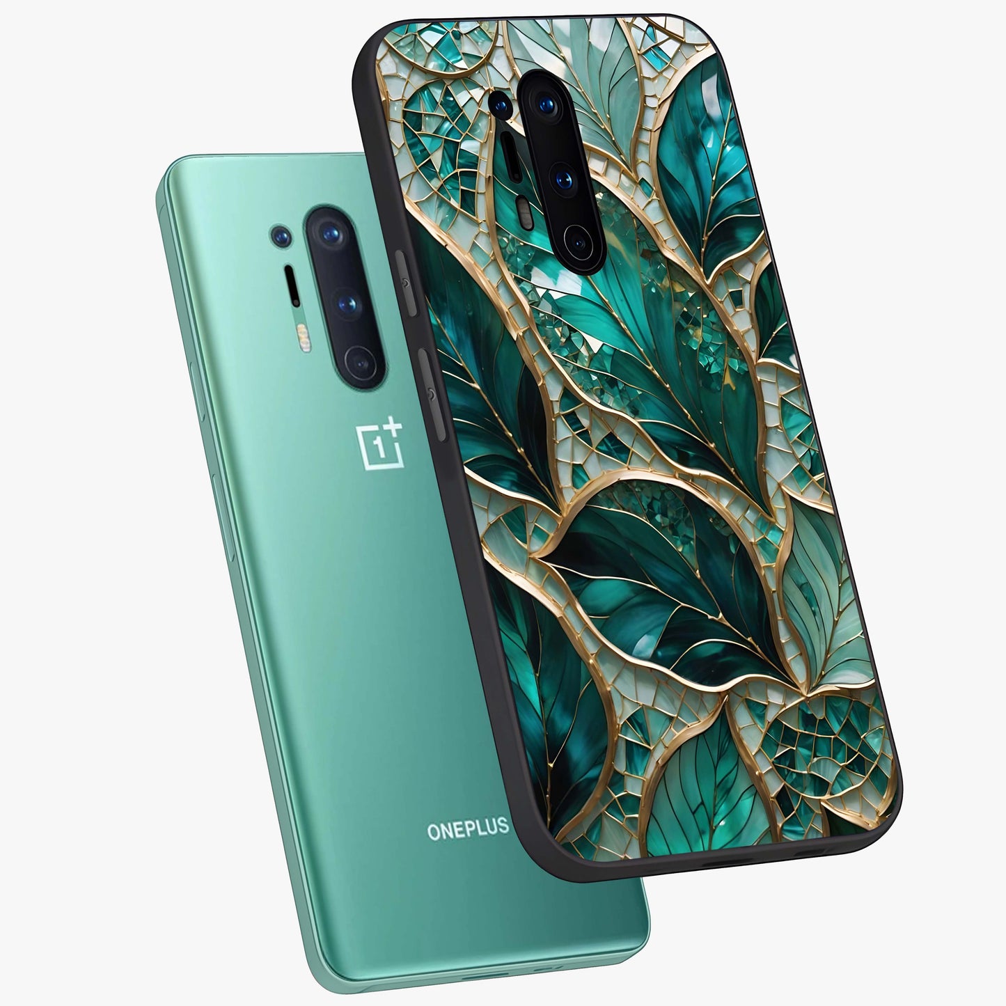 Emerald Leaf Glass Glass Case displayed in angled mockup highlighting botanical leaf illustration with elegant natural aesthetic.