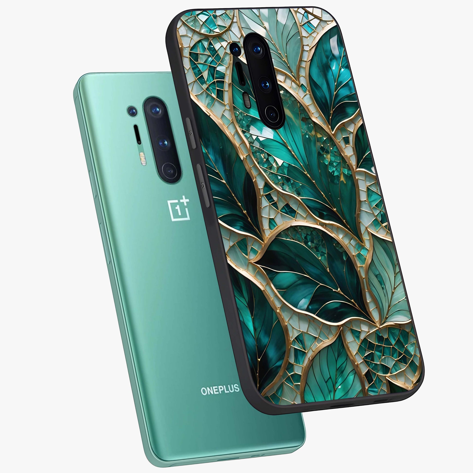 Emerald Leaf Glass Glass Case displayed in angled mockup highlighting botanical leaf illustration with elegant natural aesthetic.