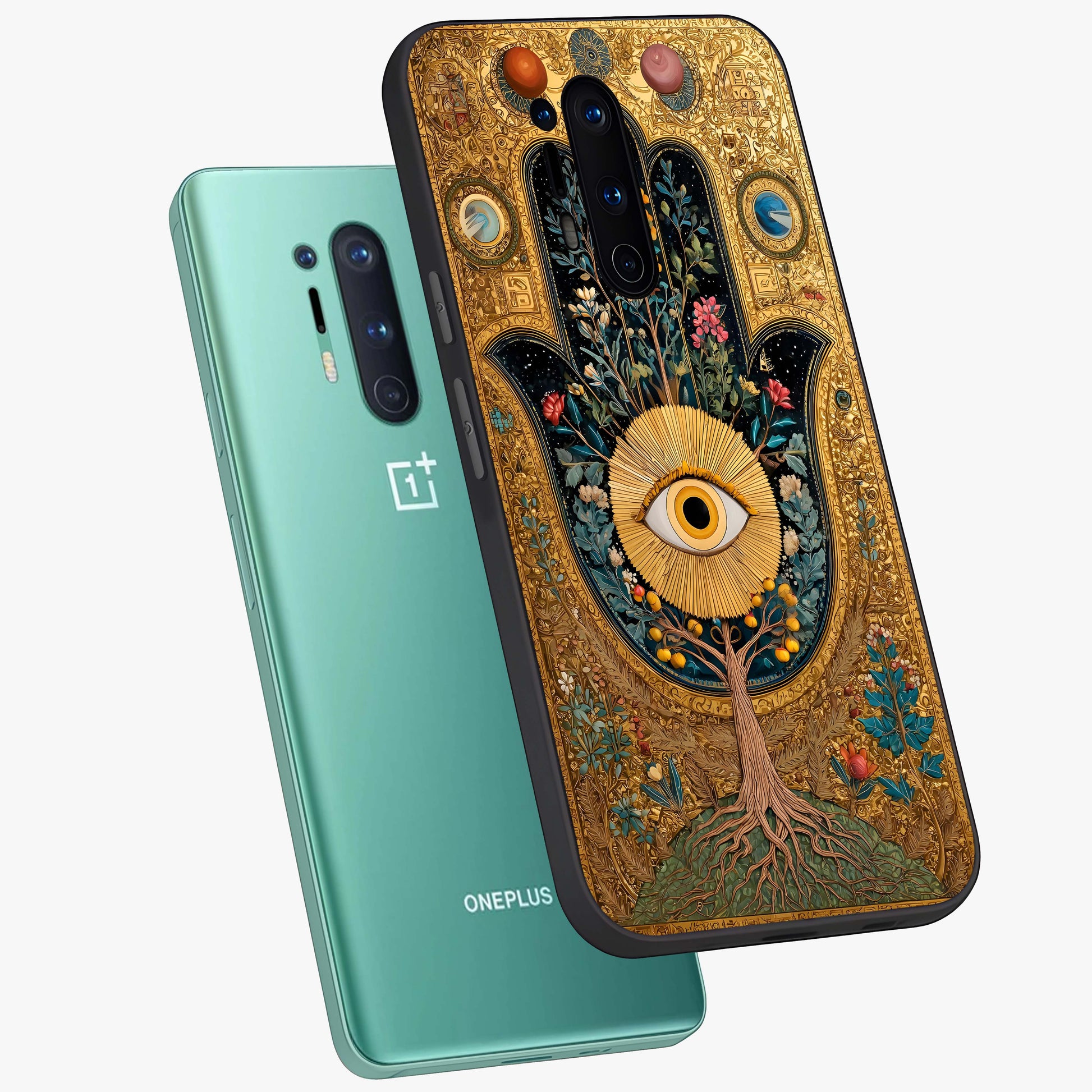 Ethereal Evil Eye Glass Case displayed in angled mockup highlighting protective evil eye symbol with spiritual aesthetic design.