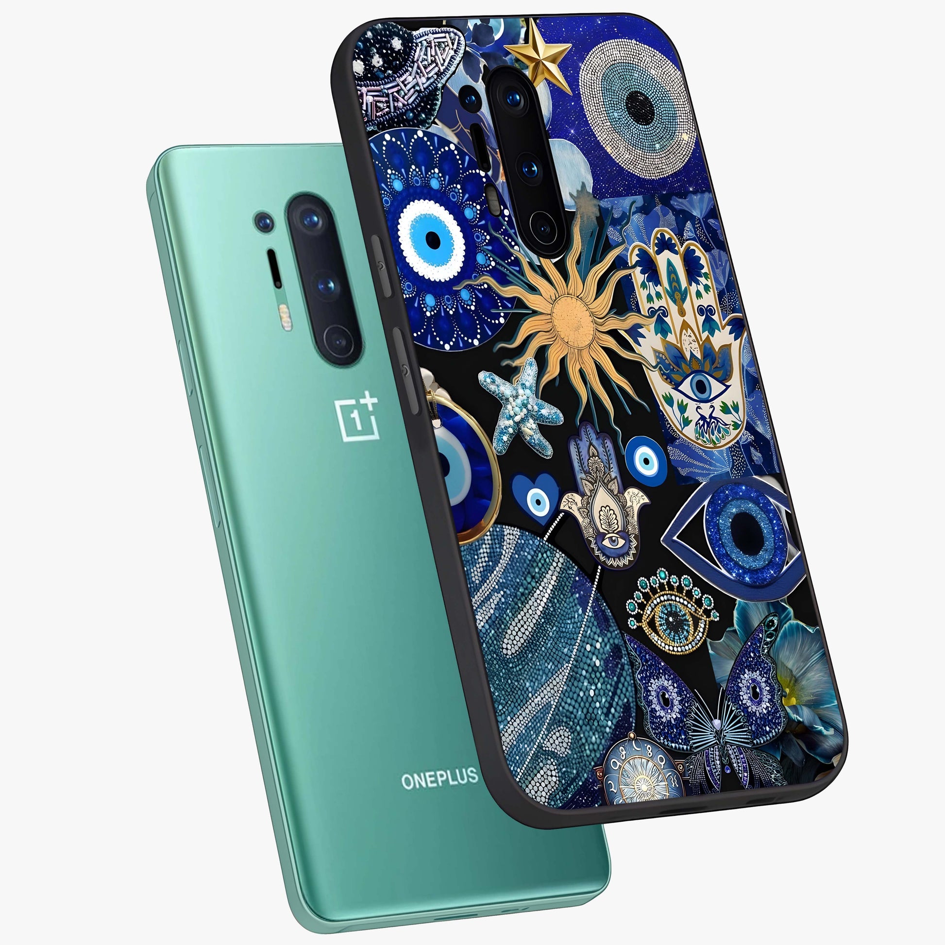 Evil Eye Charm Mix Glass Case displayed in angled mockup highlighting protective evil eye symbols with spiritual aesthetic design.