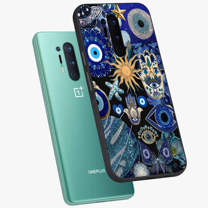 Evil Eye Charm Mix Glass Case displayed in angled mockup highlighting protective evil eye symbols with spiritual aesthetic design.