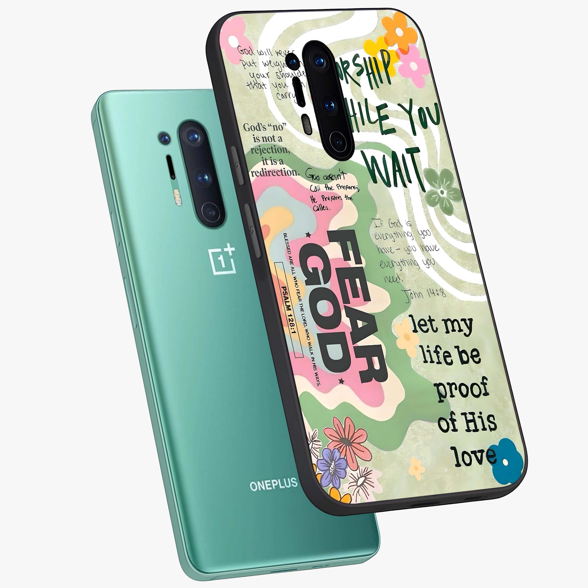 Faith Over Fear Glass Case displayed in angled mockup highlighting inspirational message design with modern aesthetic style.