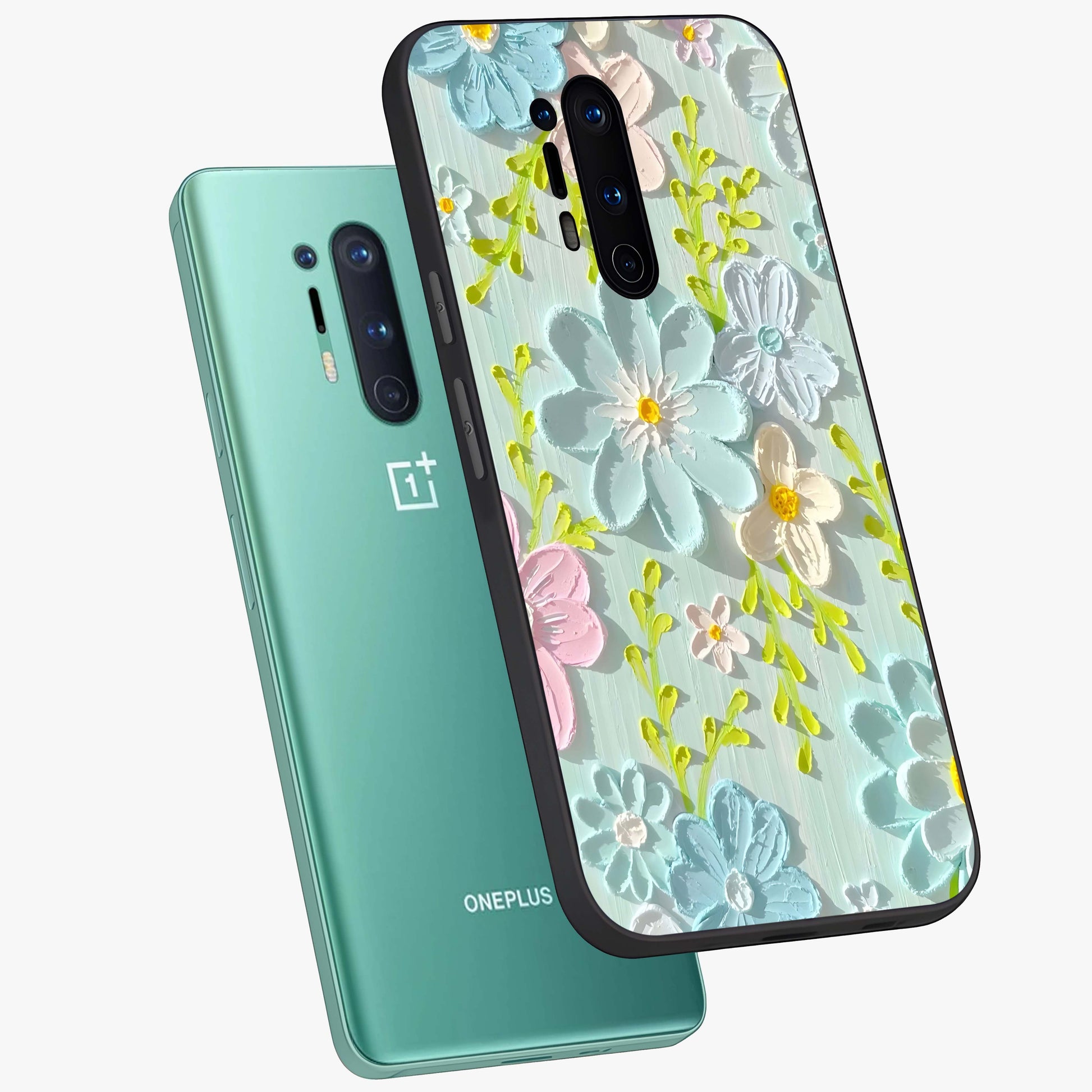 Frosted Petal Garden Glass Case displayed in angled mockup highlighting delicate flower petal design with calm garden aesthetic.