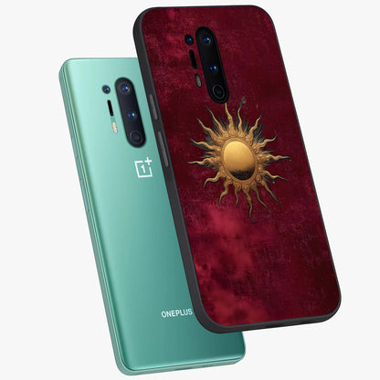 Golden Sun Minimalism Glass Case displayed in angled mockup highlighting clean sun symbol design with modern minimal aesthetic.