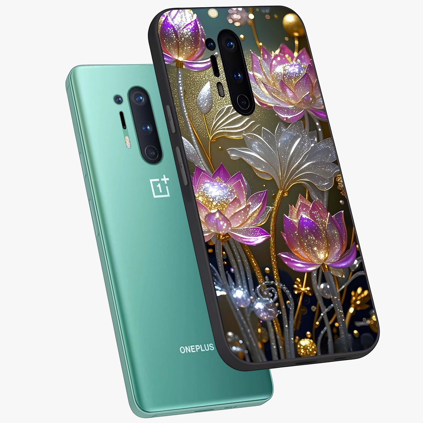 Golden Floral Majesty Glass Case displayed in angled mockup highlighting elegant flower design with royal golden aesthetic.