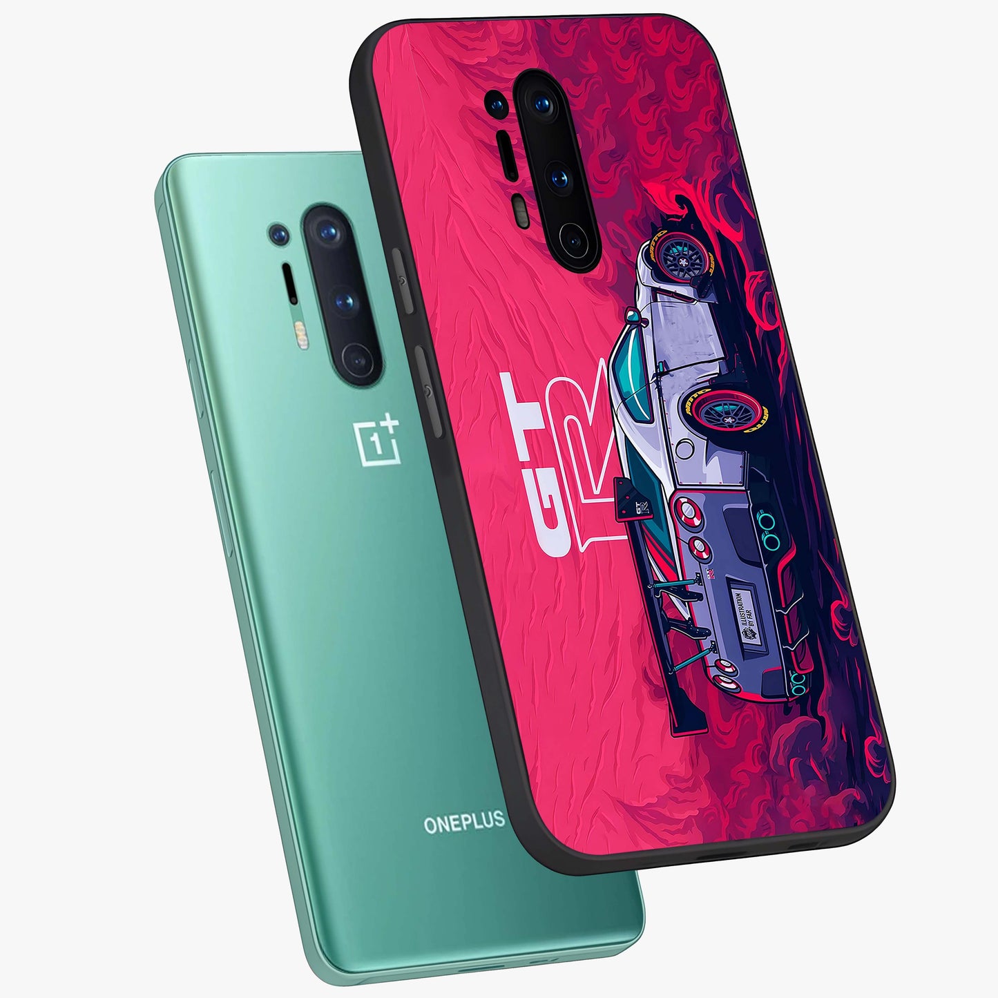 GT-R Car Pattern Glass Case displayed in angled mockup highlighting racing car graphic design with bold automotive aesthetic.