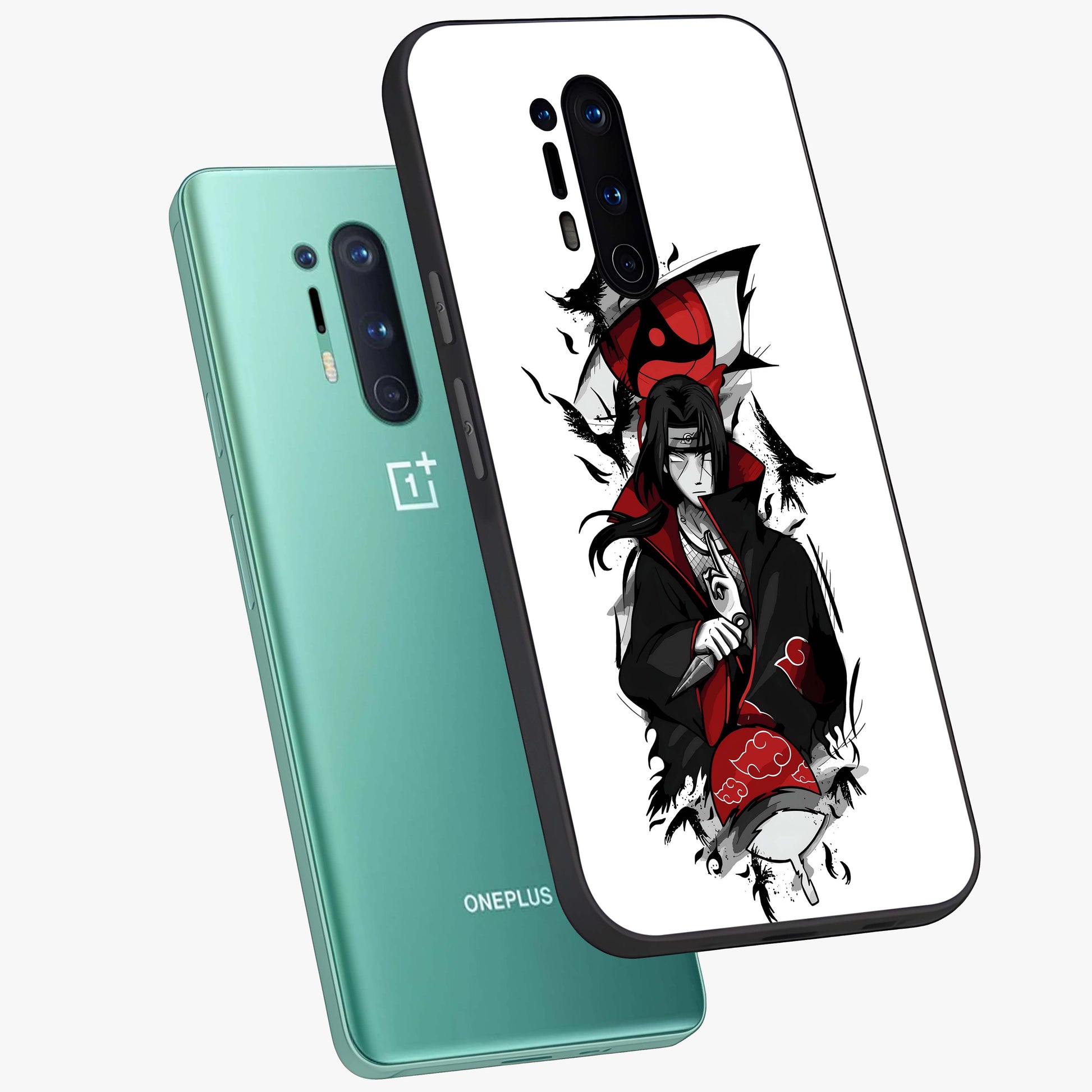 Itachi Limited Edition Naruto Anime Glass Case displayed in angled mockup highlighting dramatic anime illustration with bold action aesthetic.