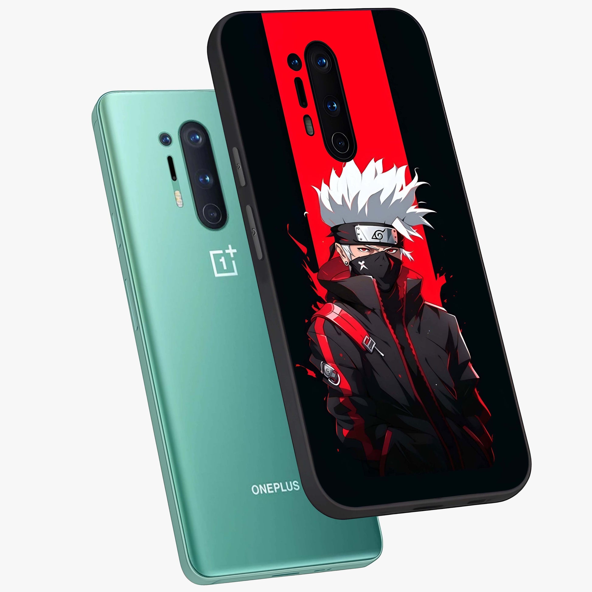 Kakashi Scarlet Shadow Glass Case displayed in angled mockup highlighting dramatic ninja illustration with scarlet themed aesthetic.