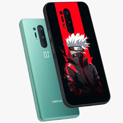 Kakashi Scarlet Shadow Glass Case displayed in angled mockup highlighting dramatic ninja illustration with scarlet themed aesthetic.