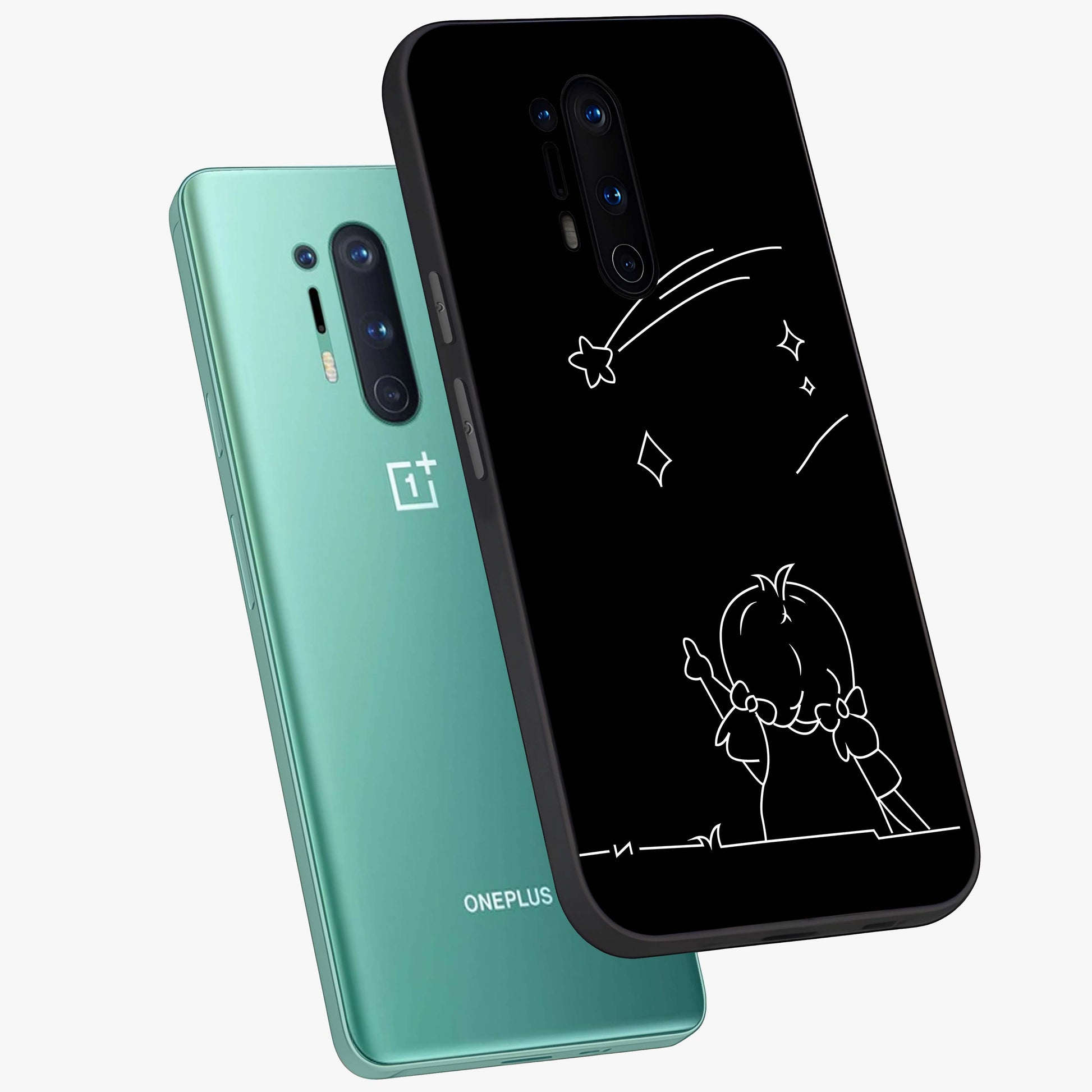 Line Art Girl With Shooting Stars Glass Case displayed in angled mockup highlighting elegant line art design with dreamy star aesthetic.