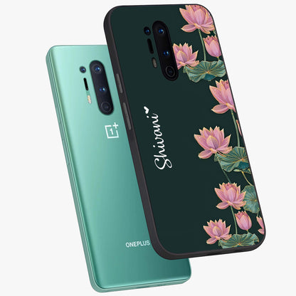 Lotus Bloom Serenity Custom Name Glass Case displayed in angled mockup highlighting graceful lotus illustration with custom name feature.
