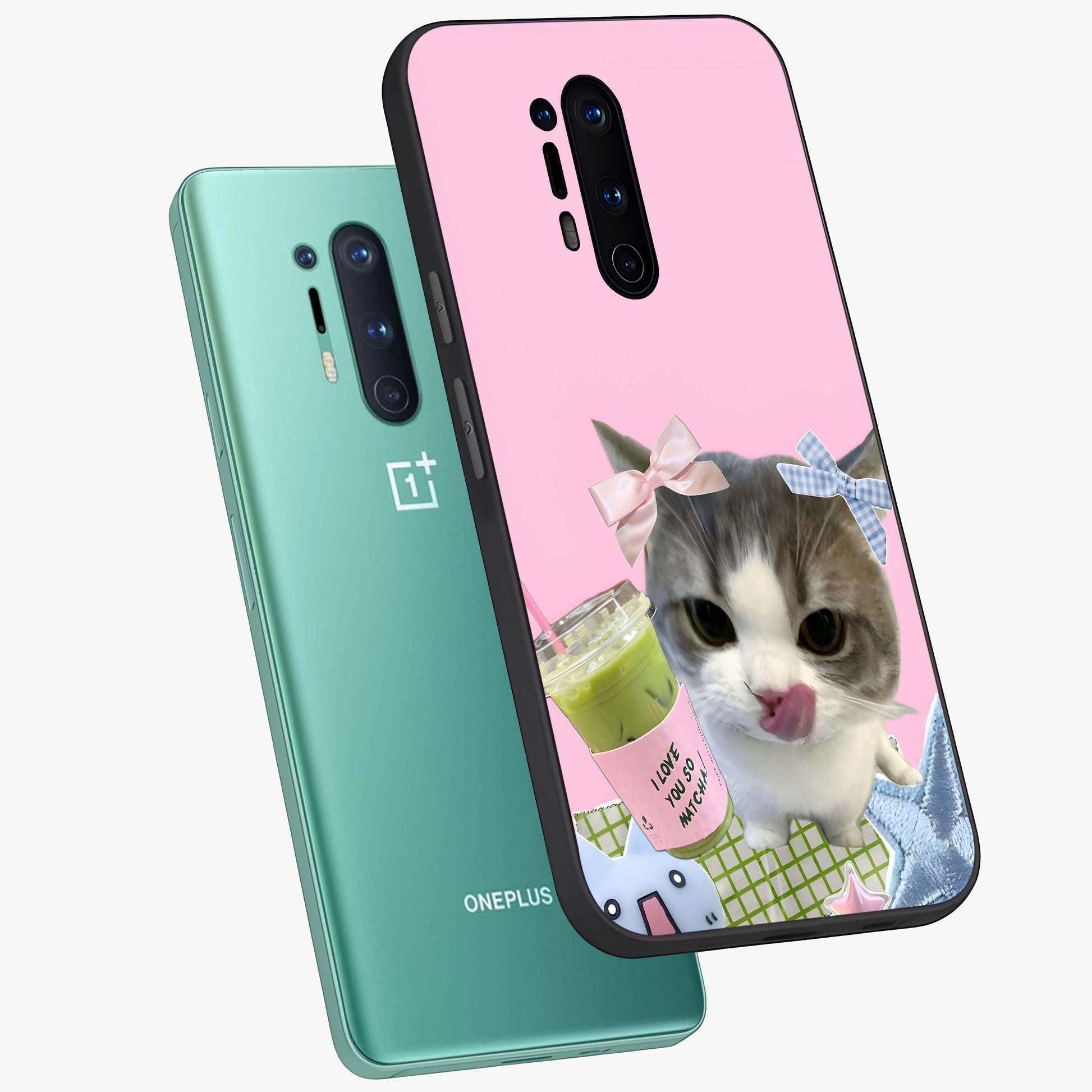 Love Matcha Cat Glass Case displayed in angled mockup highlighting playful feline illustration with cozy matcha aesthetic.