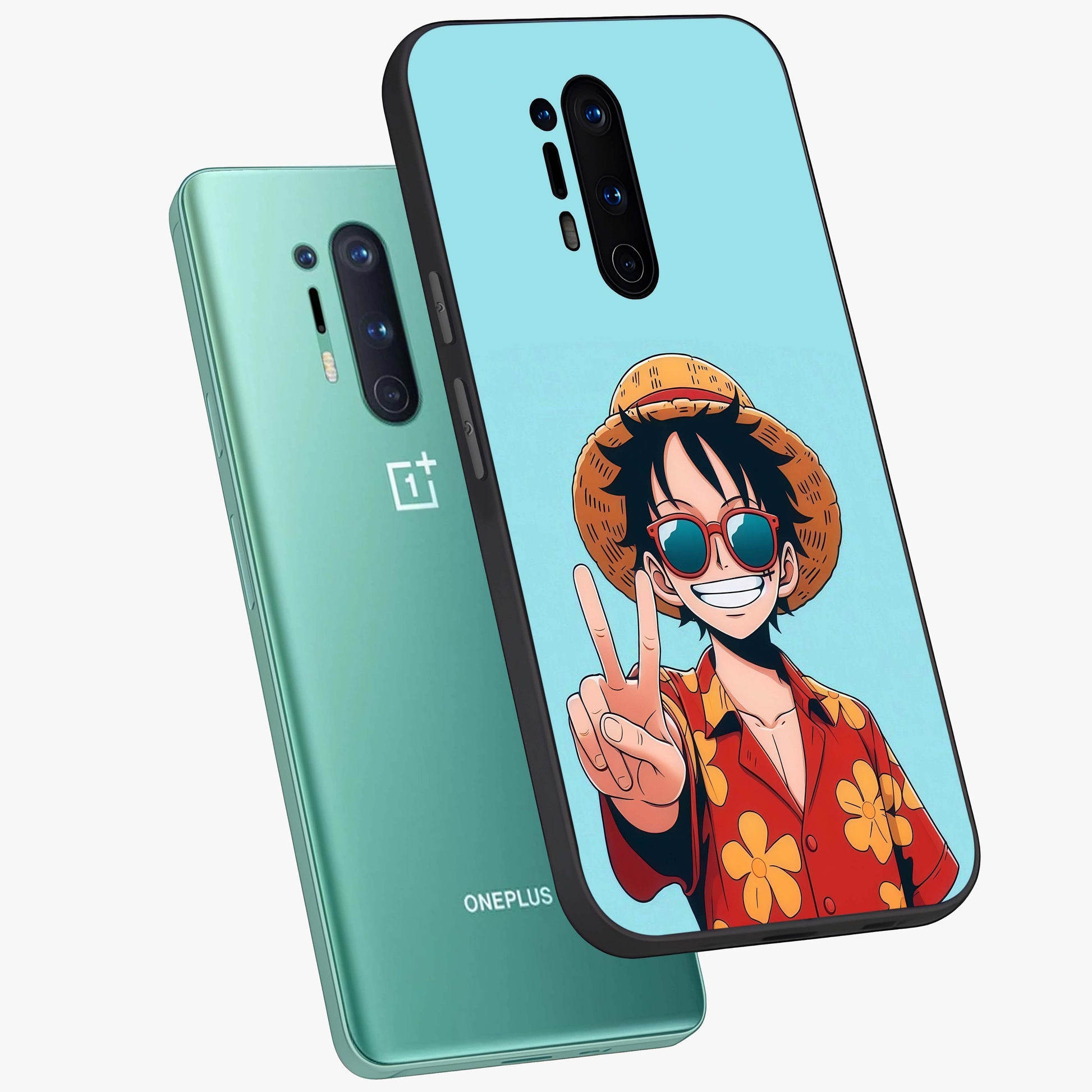 Luffy Summer Anime Vibe Glass Case displayed in angled mockup highlighting energetic anime illustration with summer vibe aesthetic.