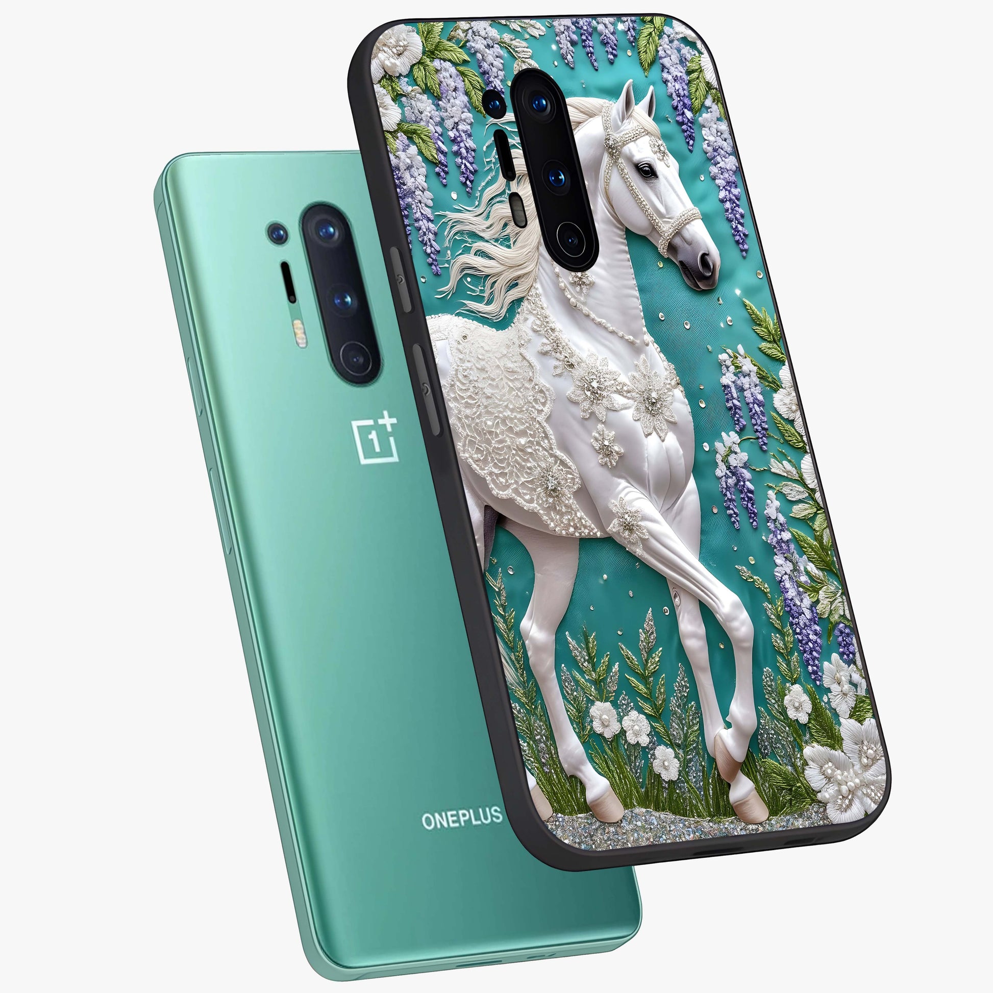 Majestic Floral Stallion Glass Case displayed in angled mockup highlighting majestic stallion illustration with elegant floral aesthetic.