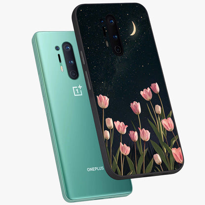 Midnight Tulip Whispers Vibe Glass Case displayed in angled mockup highlighting delicate tulip design with midnight floral aesthetic.