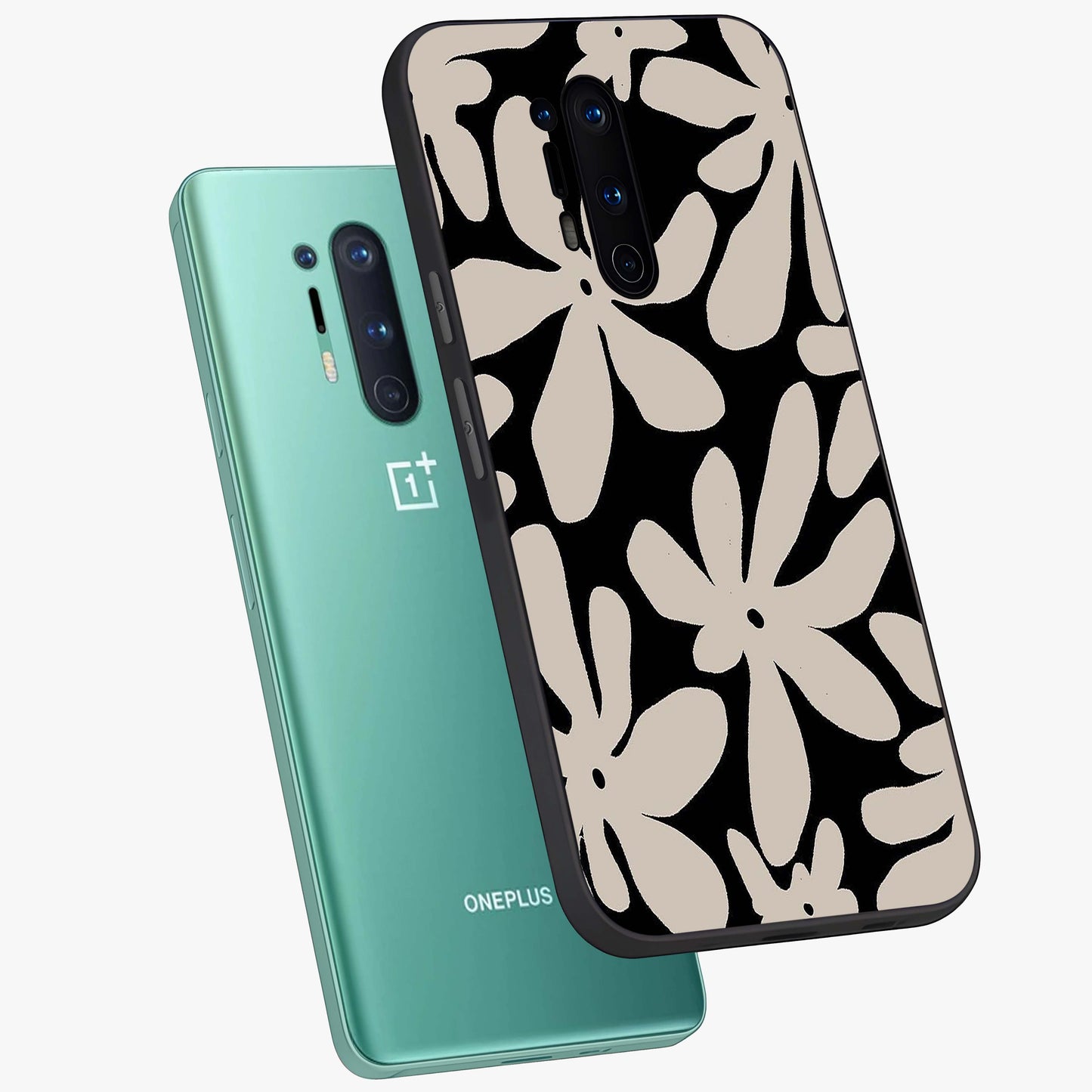 Monochrome Petal Dance Glass Case displayed in angled mockup highlighting elegant petal design with black and white aesthetic.