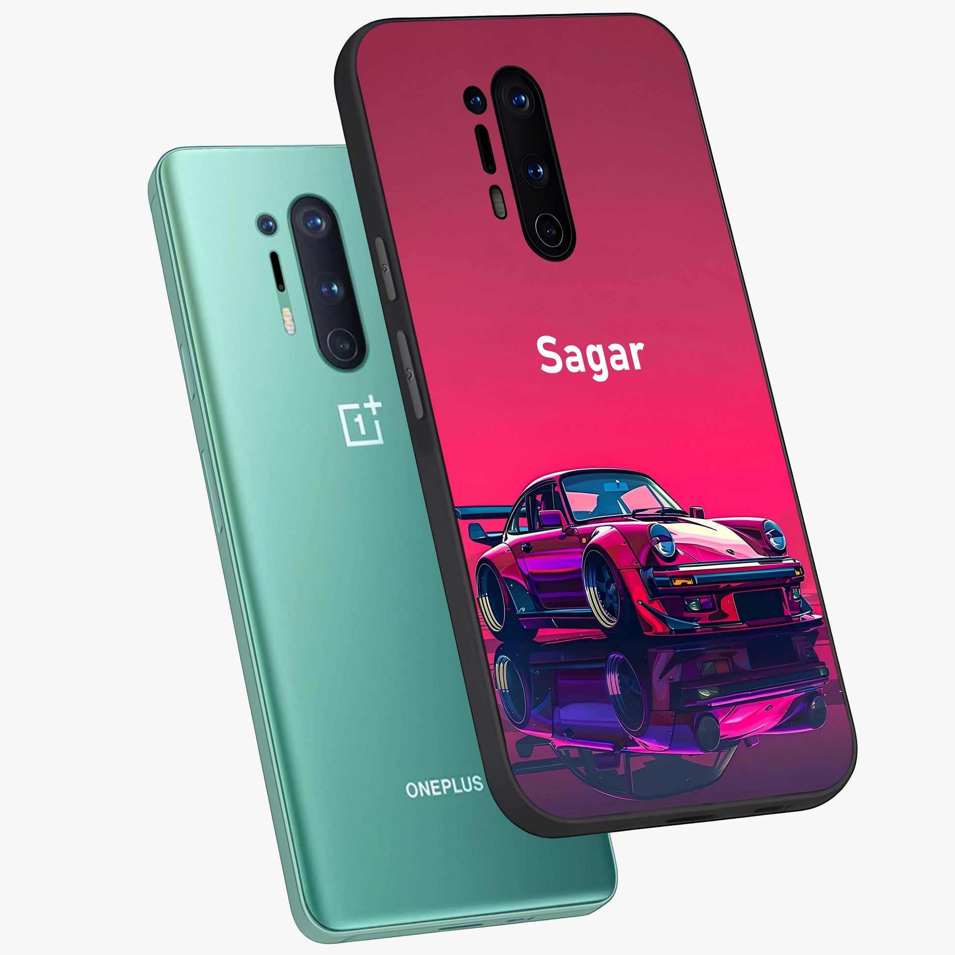 Neon Pink Porsche Glass Case displayed in angled mockup highlighting sleek neon pink car design with racing aesthetic.
