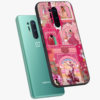 Pink Palace Muse Glass Case displayed in angled mockup highlighting dreamy palace illustration with soft pink aesthetic.
