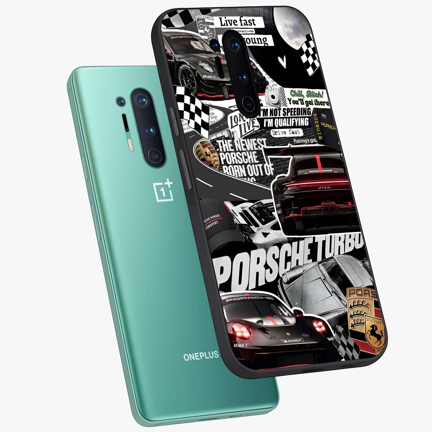 Porsche Racing Collage Glass Case displayed in angled mockup highlighting dynamic automotive design with bold racing aesthetic.