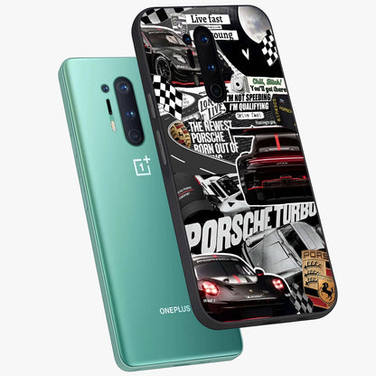 Porsche Racing Collage Glass Case displayed in angled mockup highlighting dynamic automotive design with bold racing aesthetic.