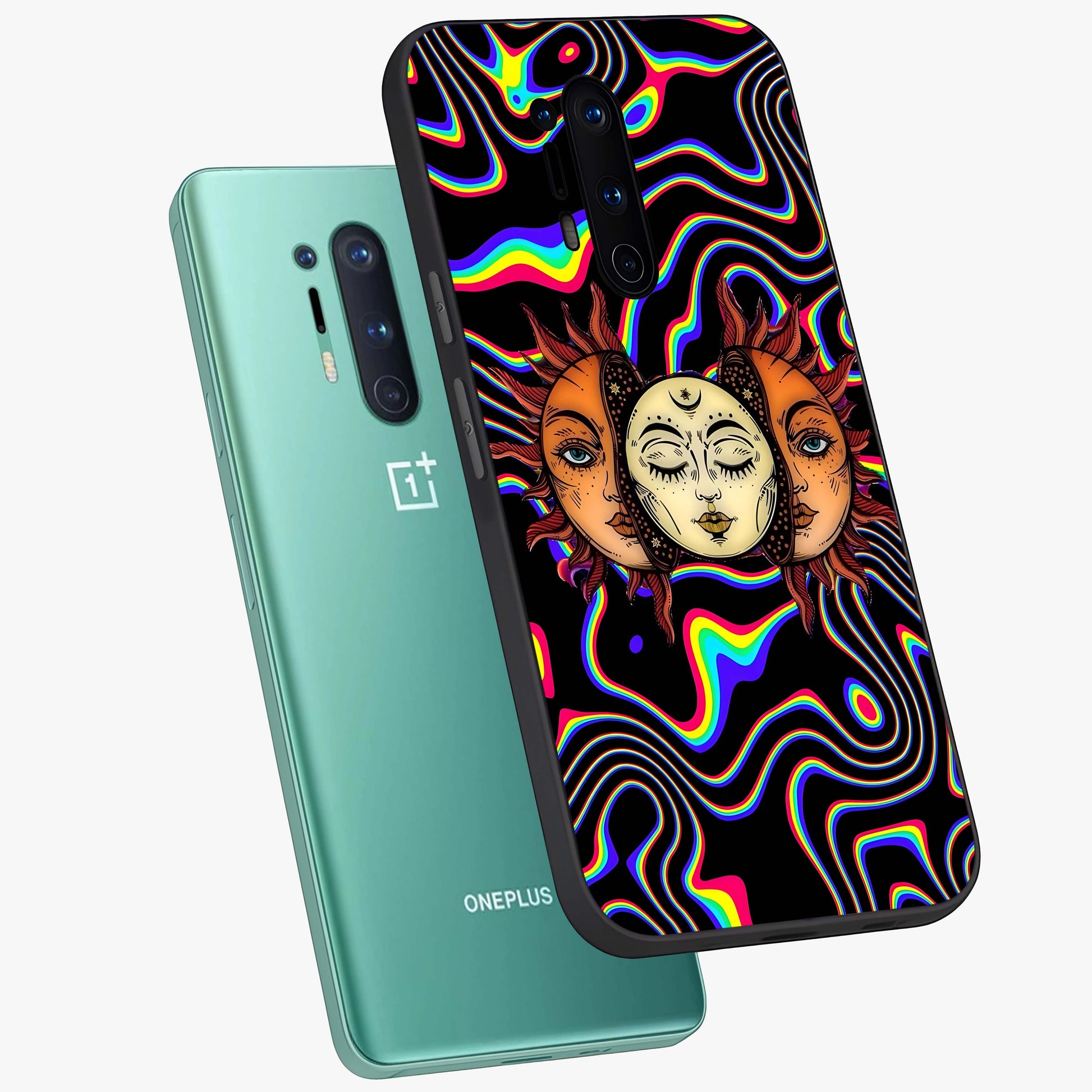 Psychedelic Sun Glass Case displayed in angled mockup highlighting vibrant abstract sun design with artistic aesthetic style.
