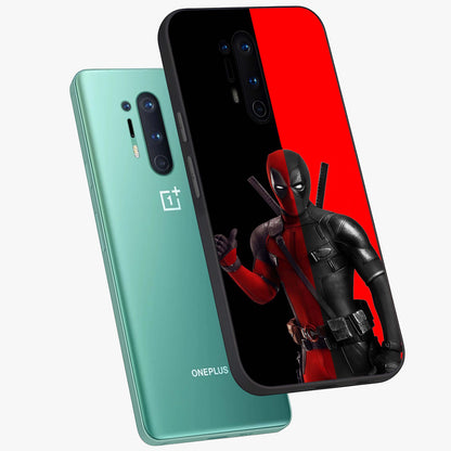 Red & Black Deadpool Theme Glass Case displayed in angled mockup highlighting vibrant superhero style illustration with action aesthetic.