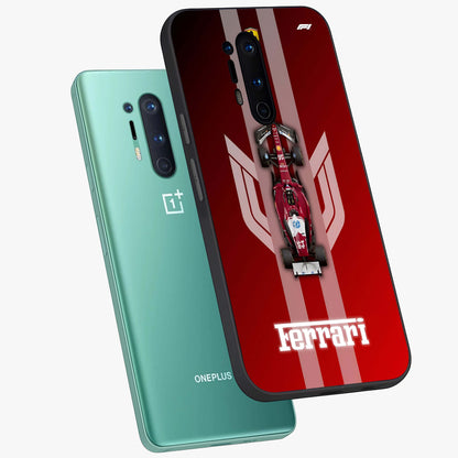 Red Ferrari F1 Vertical Glass Case displayed in angled mockup highlighting high speed racing design with bold automotive aesthetic.