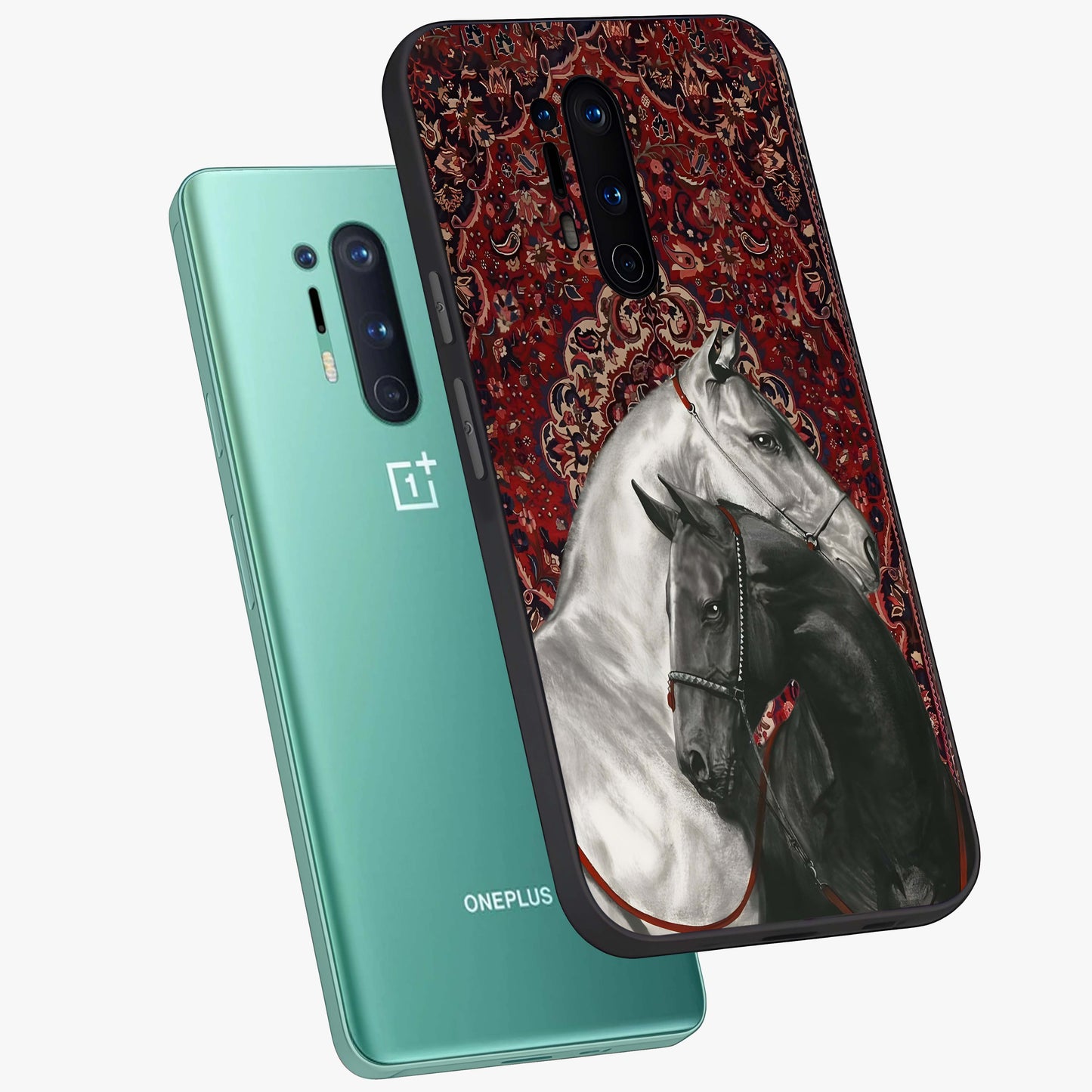 Regal Stallion Tapestry Glass Case displayed in angled mockup highlighting royal stallion design with decorative heritage aesthetic.