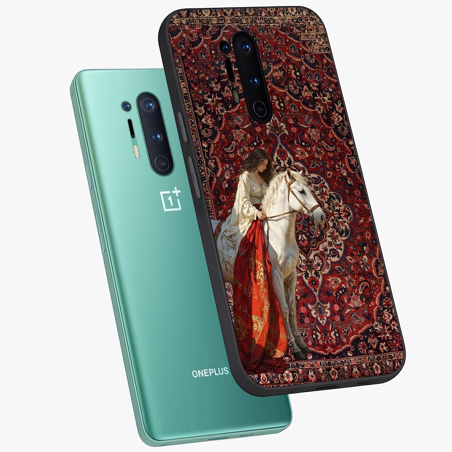 Royal Rider Tapestry Glass Case displayed in angled mockup highlighting traditional tapestry design with royal heritage aesthetic.