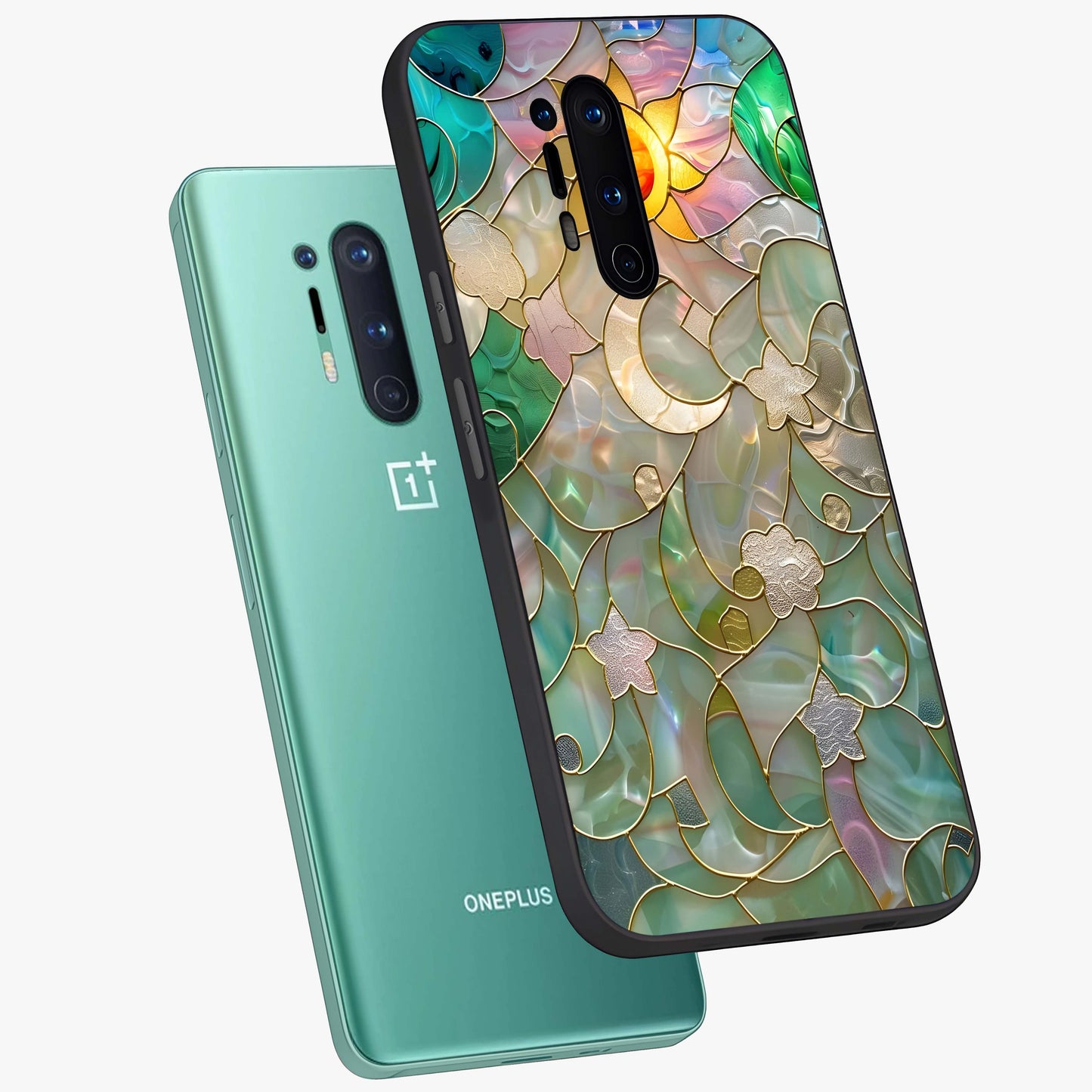 Stained Sunrise Glow Glass Case displayed in angled mockup highlighting radiant sunrise design with artistic aesthetic style.