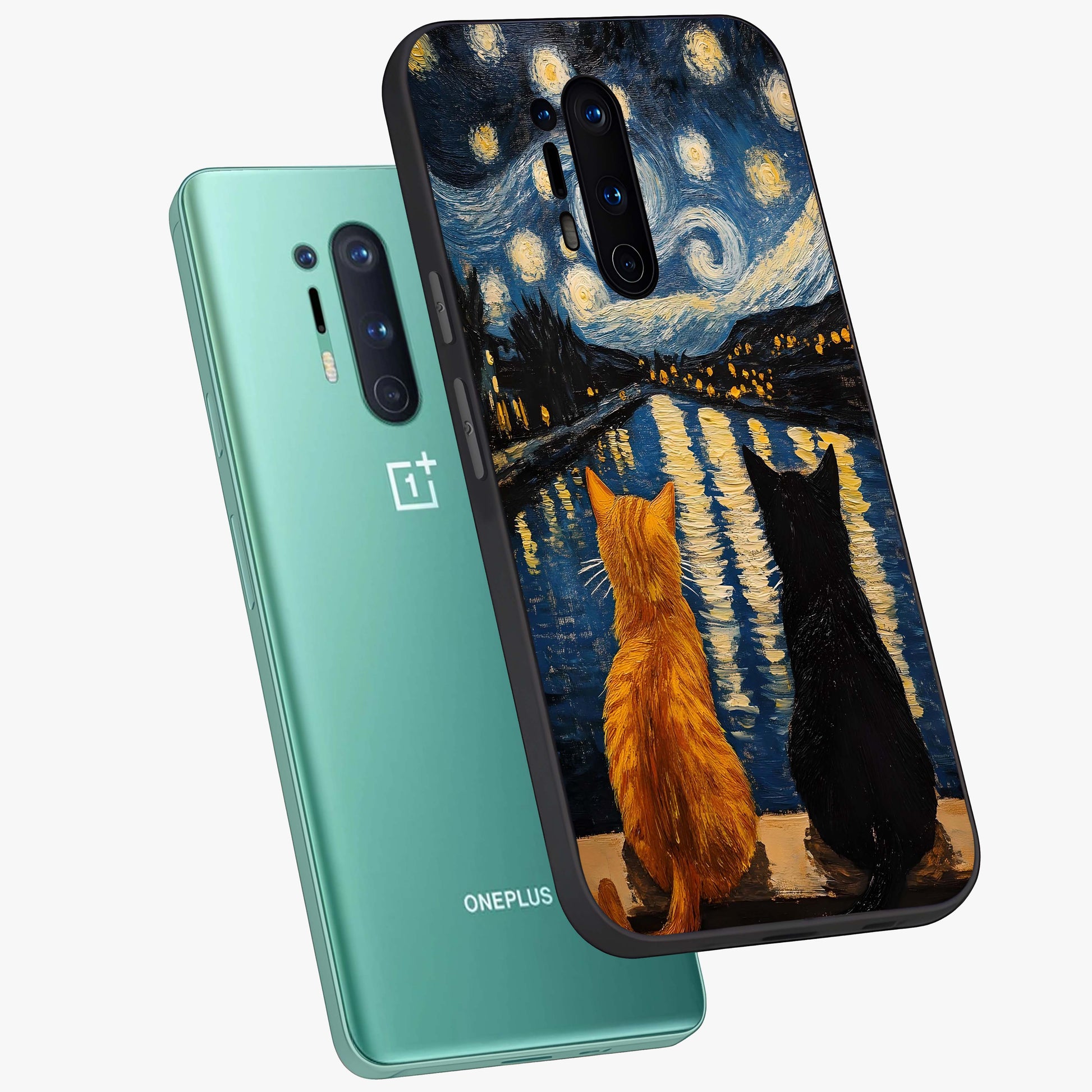 Starry River Cats Glass Case displayed in angled mockup highlighting charming feline illustration with dreamy night aesthetic.