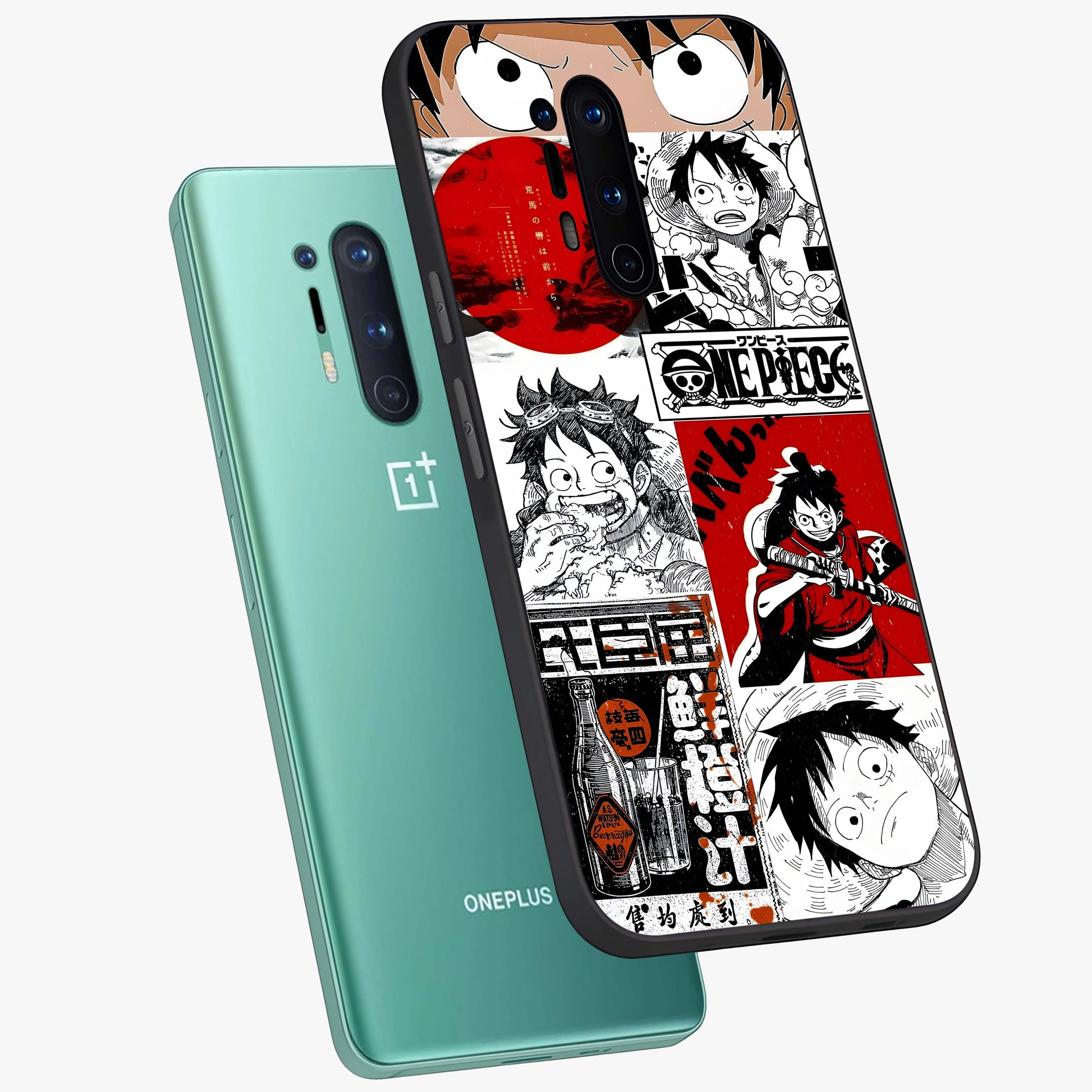 Strawhat Chaos Panels Glass Case displayed in angled mockup highlighting vibrant anime collage design with action aesthetic.