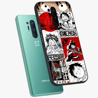 Strawhat Chaos Panels Glass Case displayed in angled mockup highlighting vibrant anime collage design with action aesthetic.