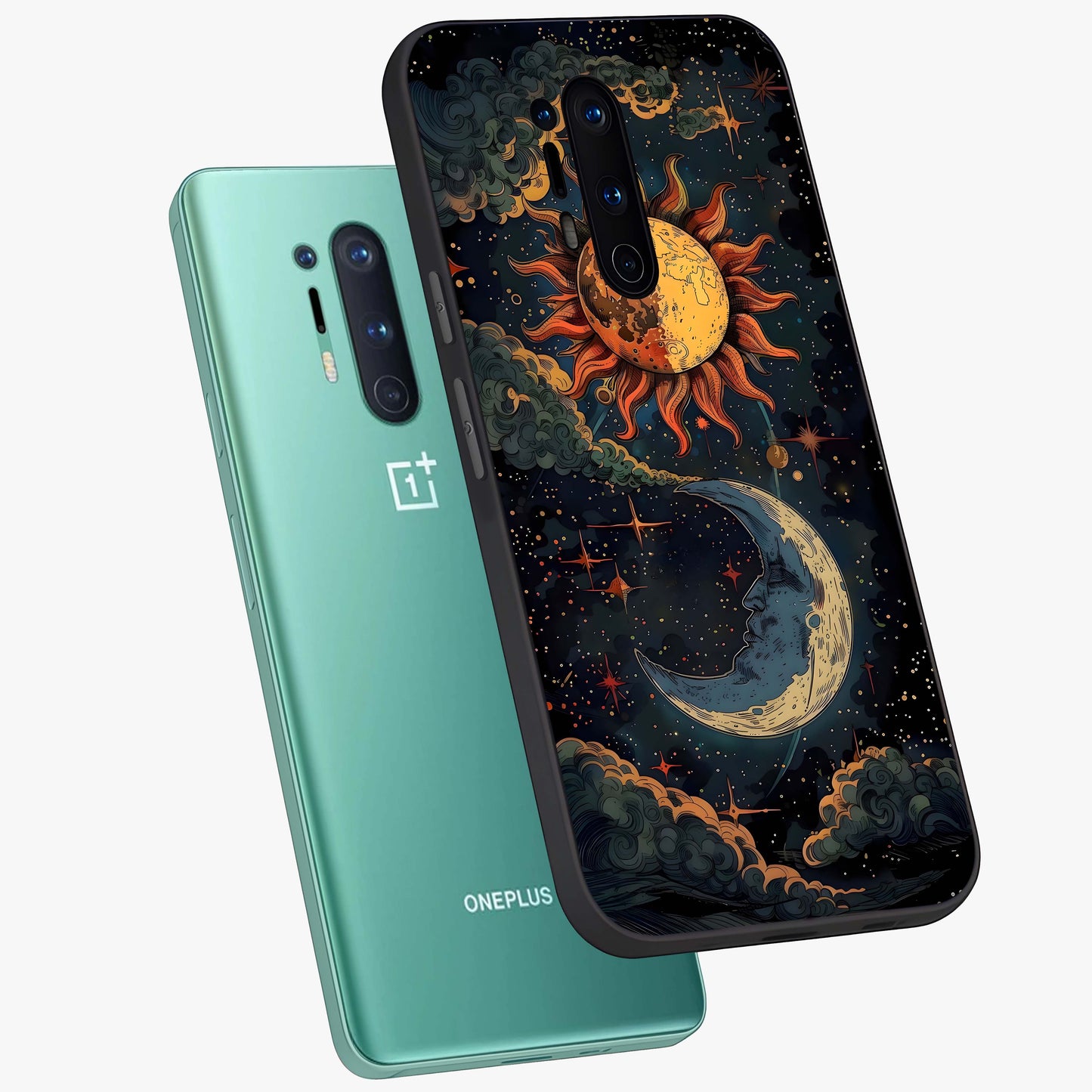 Sun And Moon Magic Design Glass Case displayed in angled mockup highlighting celestial design with magical cosmic aesthetic.
