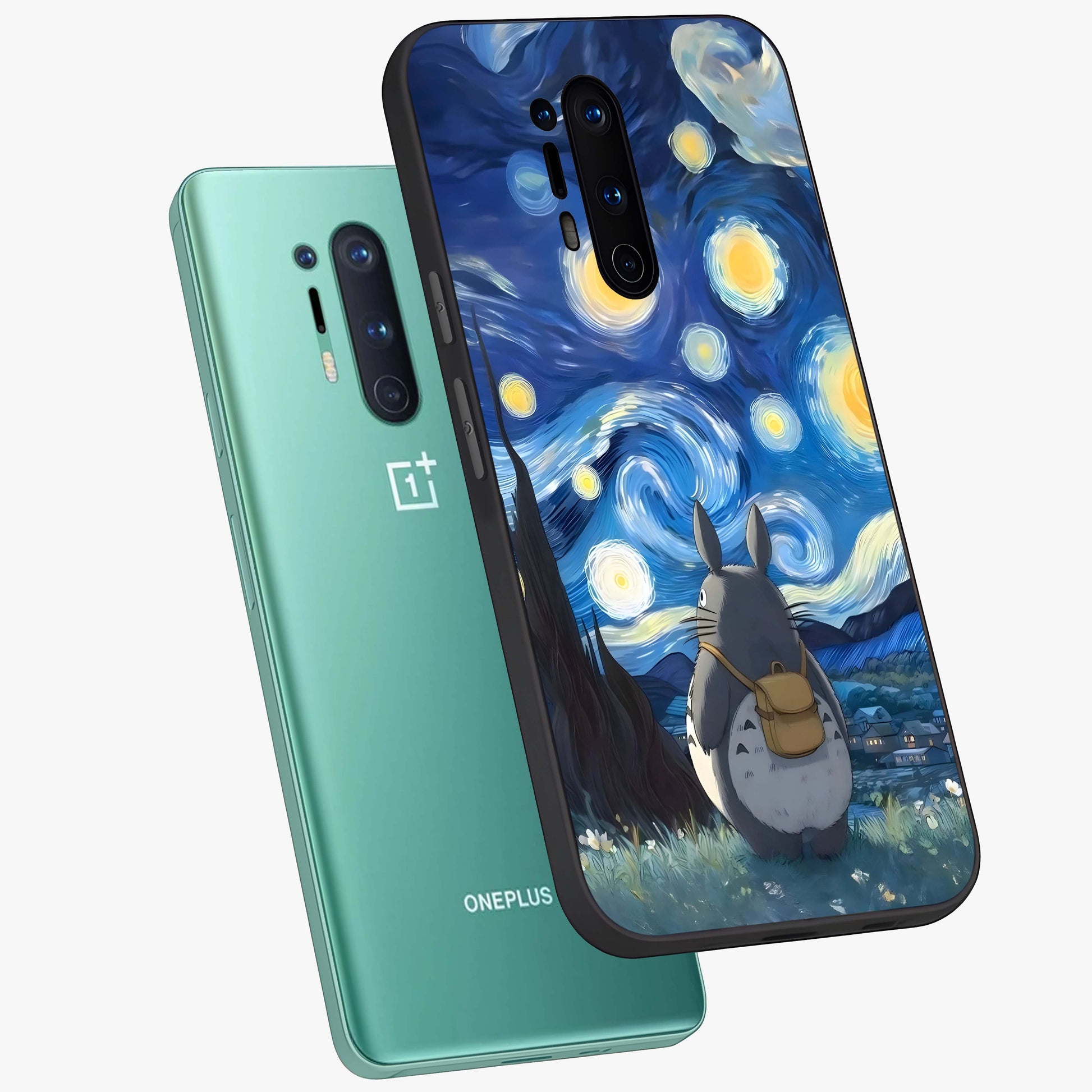 Totoro In Van Gogh Art Glass Case displayed in angled mockup highlighting artistic swirling sky design with playful animation aesthetic.
