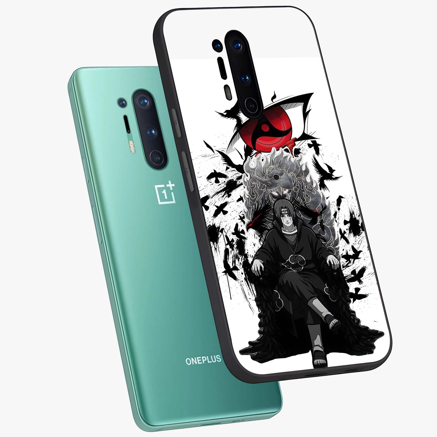 Uchiha Shadow Throne Glass Case displayed in angled mockup highlighting glowing aquatic design with celestial aesthetic.