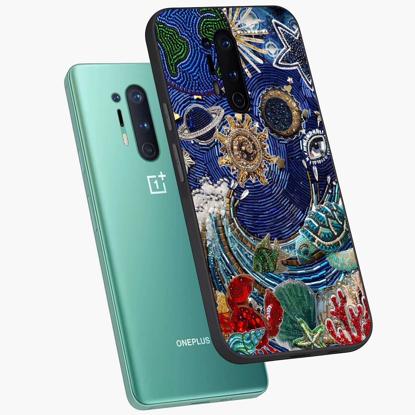 Universe Underwater Spark Glass Case displayed in angled mockup highlighting glowing aquatic design with celestial aesthetic.