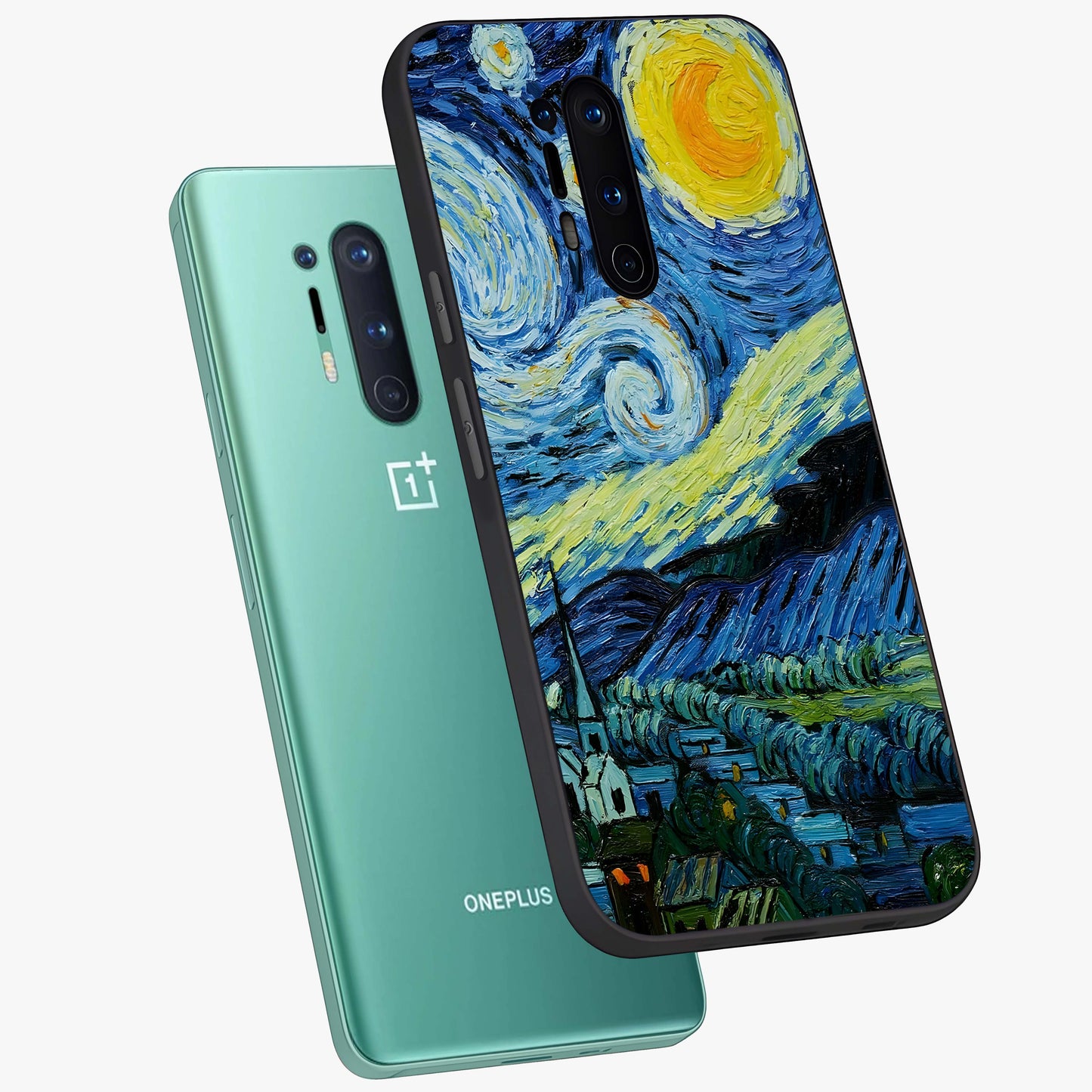Van Gogh Art Glass Case displayed in angled mockup highlighting swirling brushstroke design with artistic aesthetic.